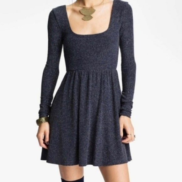 Free People Navy Knit Silver Metallic Mini Dress - Picture 1 of 8
